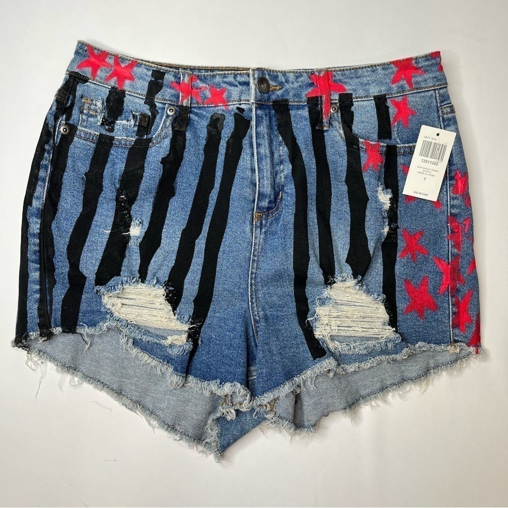 Hot Topic Blue Denim Jean Shorts with Black Stripes and Red Stars